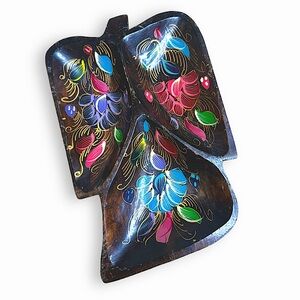Vintage Mexican Bateas Collectible Wood Leaf Tray Floral  Painting  Folk Art